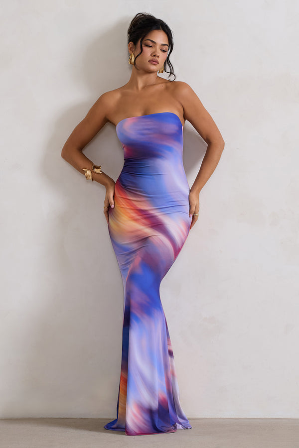 club l Ceremony Abstract Print Bandeau Fishtail Maxi Dress