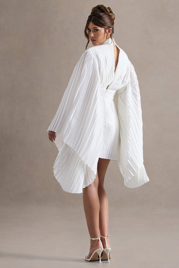Club L Charity White Pleated High-Neck Mini Dress With Cape Sleeves
