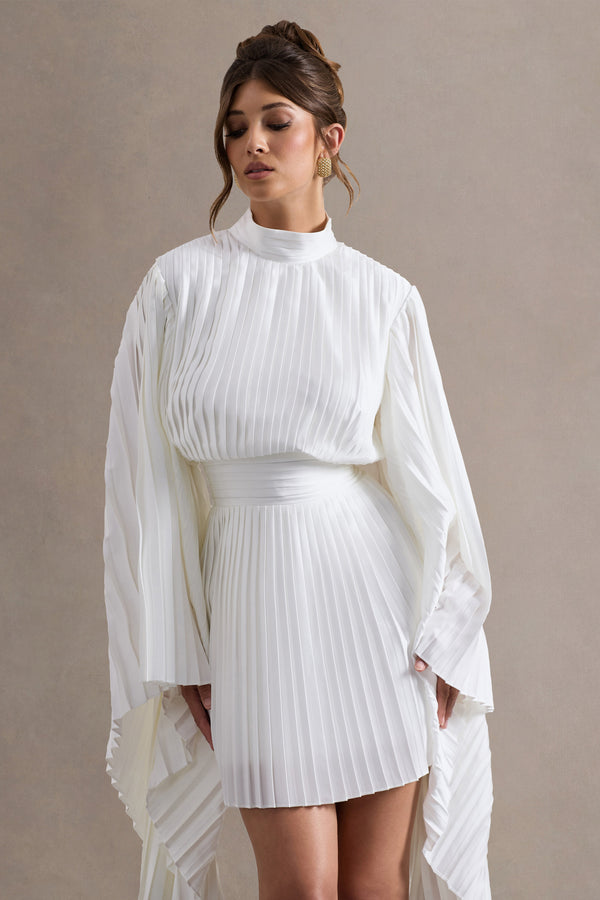 Club L Charity White Pleated High-Neck Mini Dress With Cape Sleeves