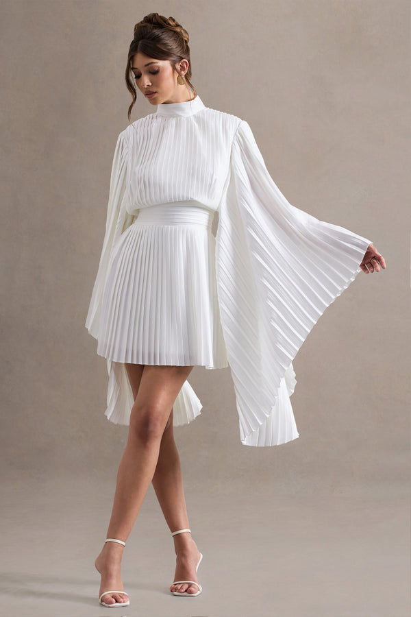 Club L Charity White Pleated High-Neck Mini Dress With Cape Sleeves