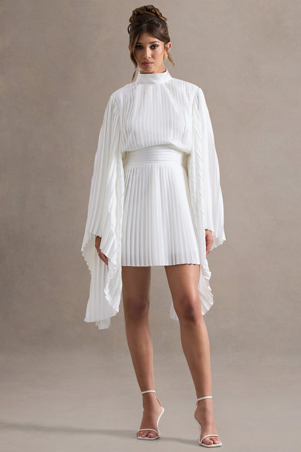 club l Charity White Pleated High-Neck Mini Dress With Cape Sleeves