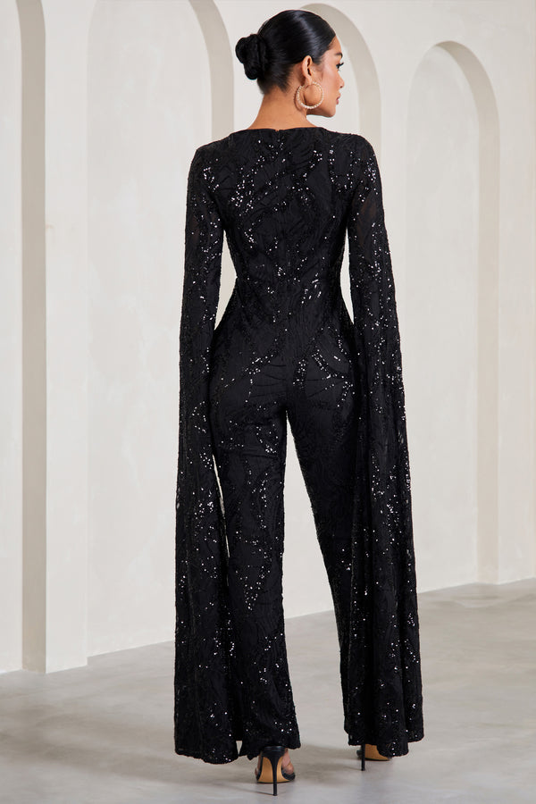 Club L Cher Black Sequin Lace Square-Neck Jumpsuit With Cape Sleeves