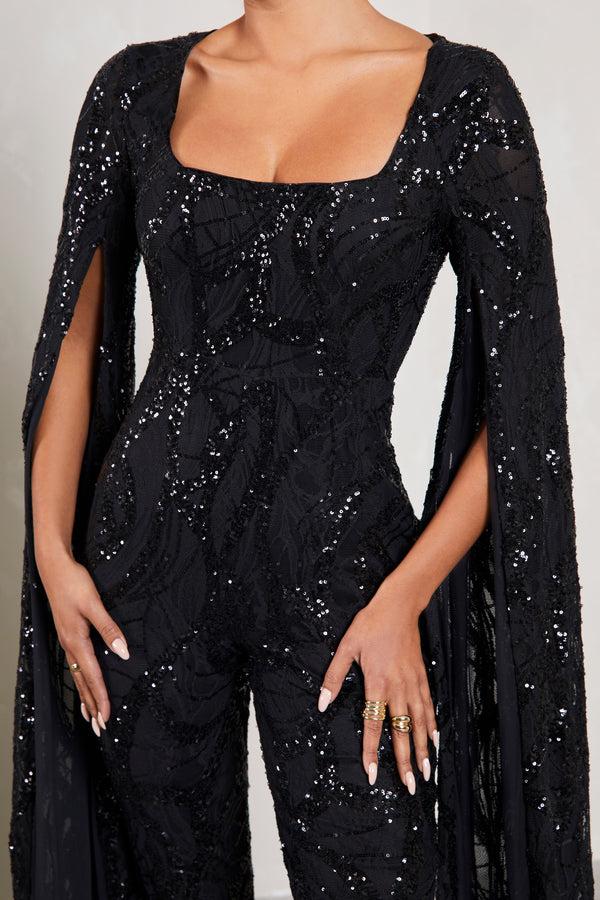 Club L Cher Black Sequin Lace Square-Neck Jumpsuit With Cape Sleeves