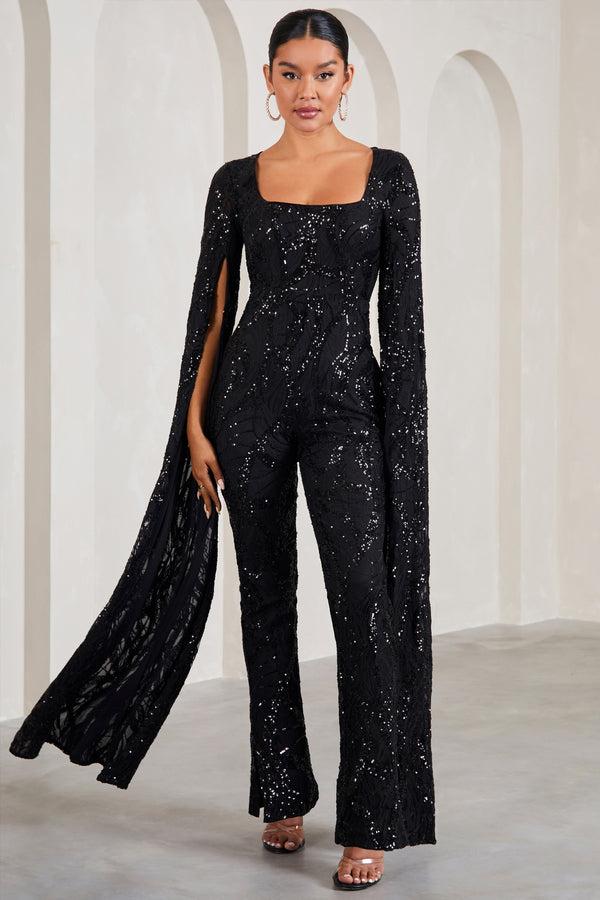 Club L Cher Black Sequin Lace Square-Neck Jumpsuit With Cape Sleeves