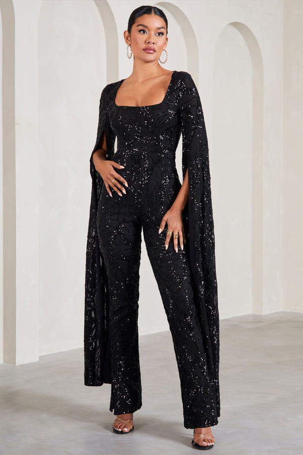 club l Cher Black Sequin Lace Square-Neck Jumpsuit With Cape Sleeves