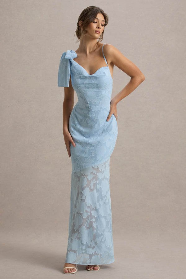 Club L Chyna Light Blue Cowl-Neck Maxi Dress With Bow Strap