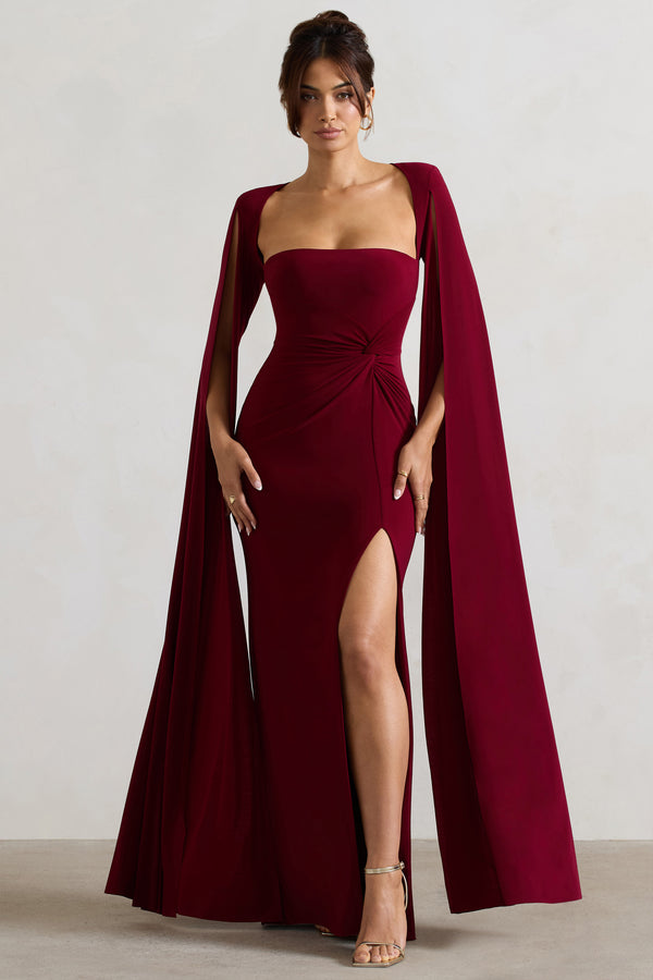 Club L Claretta Berry Square Neck Twisted Maxi Dress With Cape Sleeves