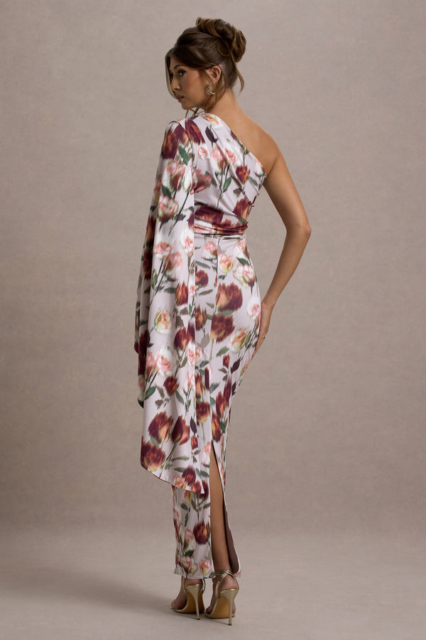 Club L Clementina Cream Floral Print Asymmetric Cape Sleeve Maxi Dress