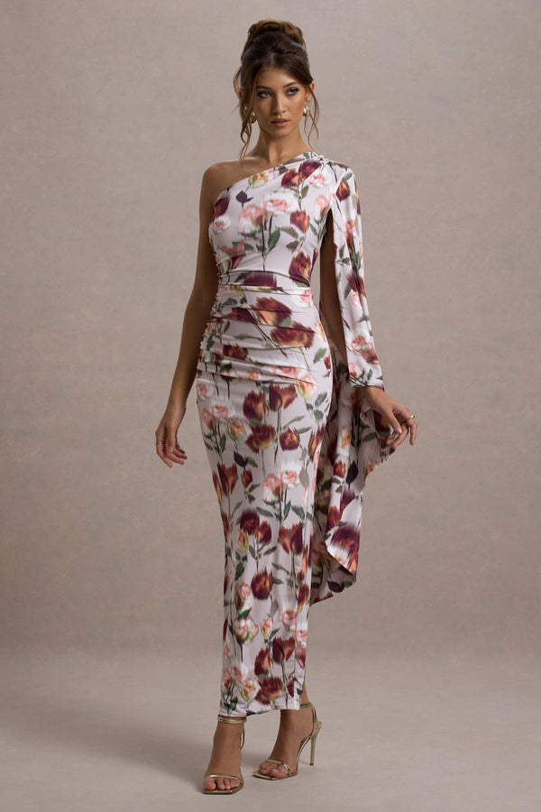 Club L Clementina Cream Floral Print Asymmetric Cape Sleeve Maxi Dress