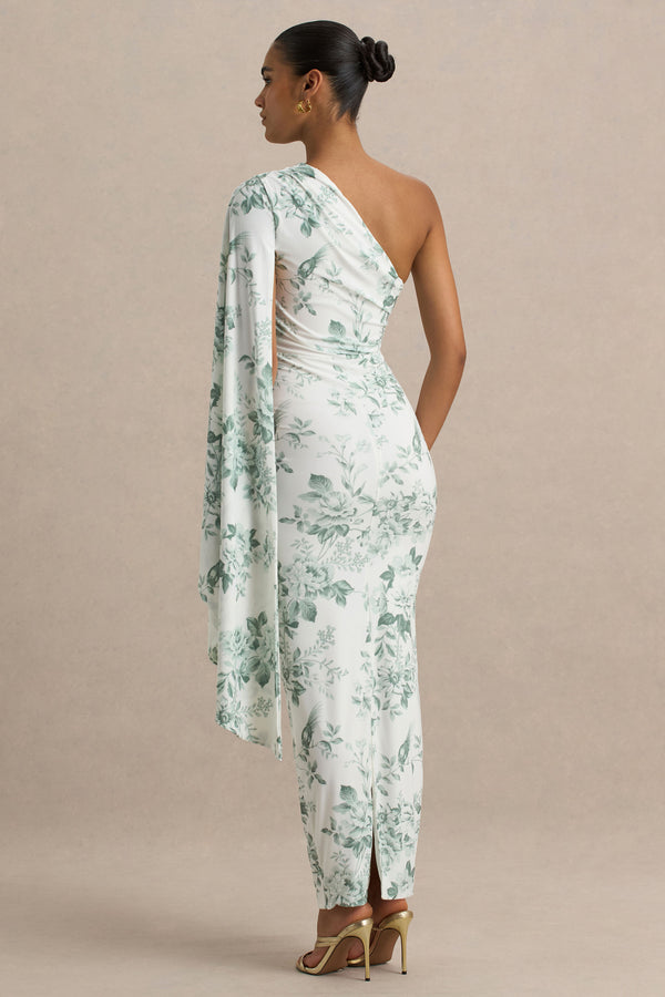 Club L Clementina Green Porcelain Print Asymmetric Cape Sleeve Maxi Dress