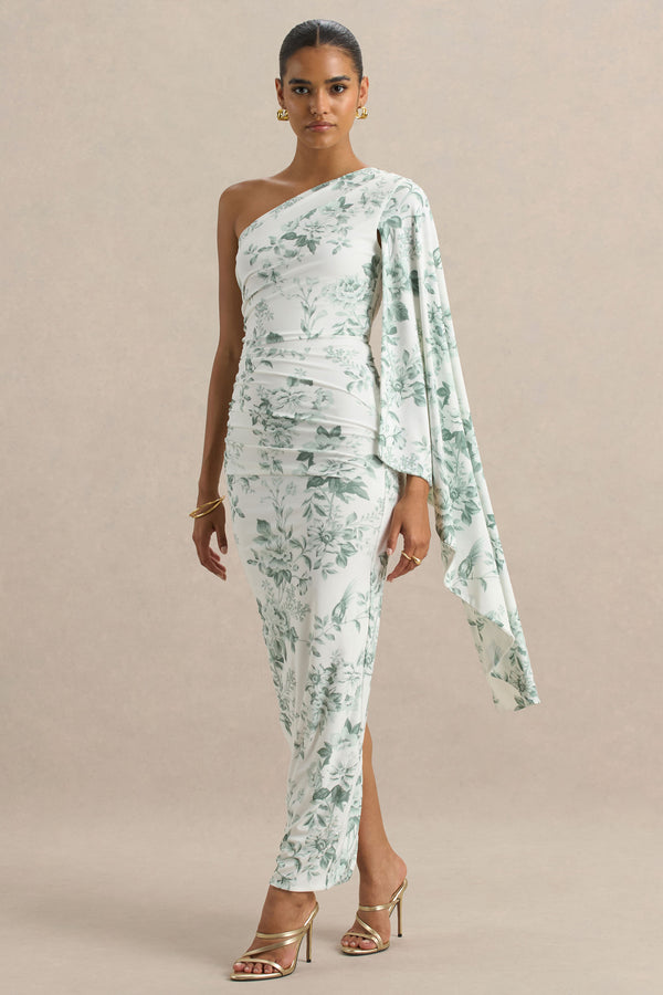 Club L Clementina Green Porcelain Print Asymmetric Cape Sleeve Maxi Dress