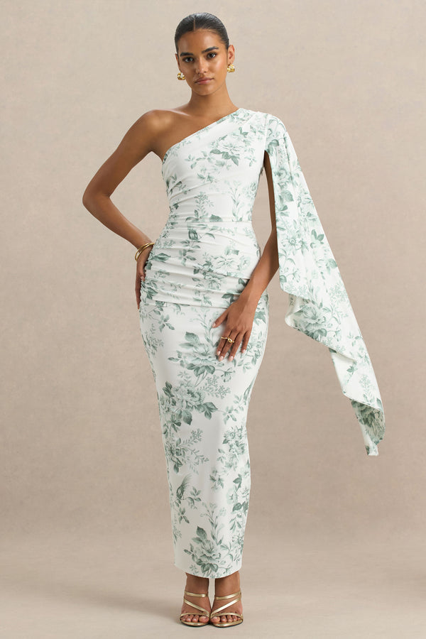 Club L Clementina Green Porcelain Print Asymmetric Cape Sleeve Maxi Dress