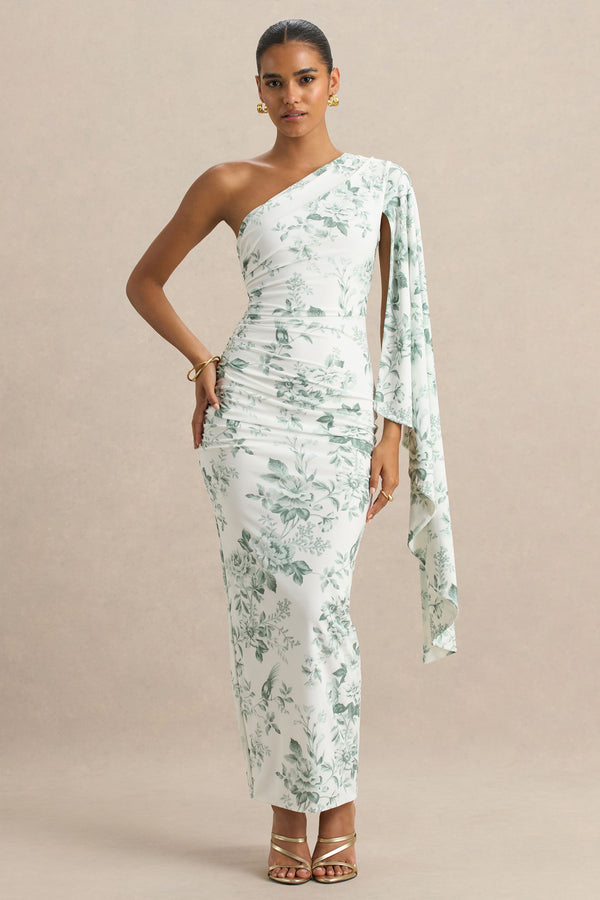 club l Clementina Green Porcelain Print Asymmetric Cape Sleeve Maxi Dress