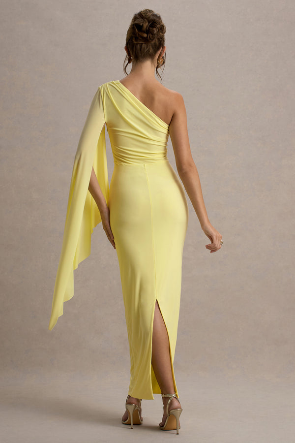 Club L Clementina Lemon Asymmetric Cape Sleeve Maxi Dress