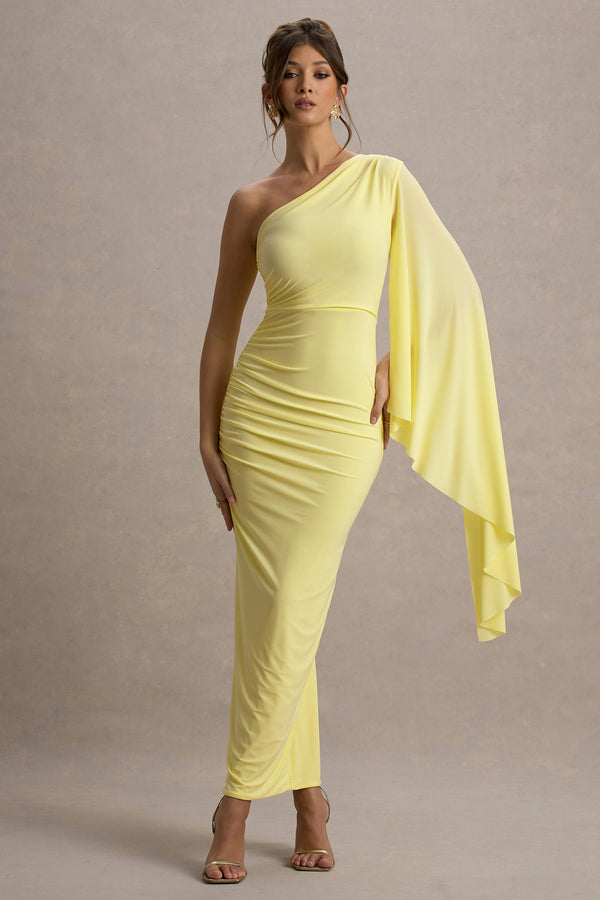 Club L Clementina Lemon Asymmetric Cape Sleeve Maxi Dress