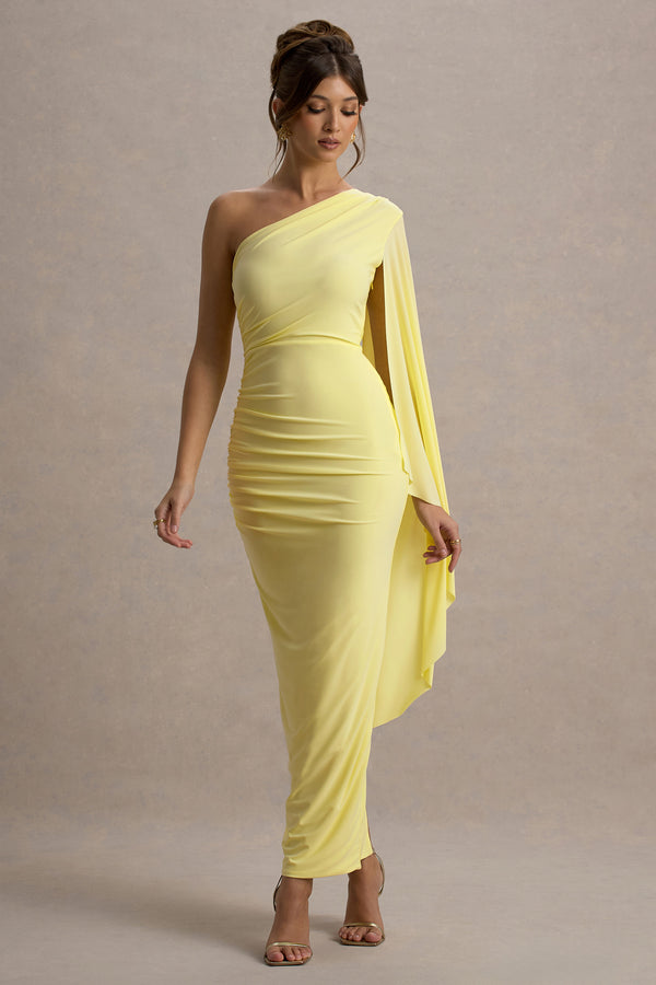 club l Clementina Lemon Asymmetric Cape Sleeve Maxi Dress