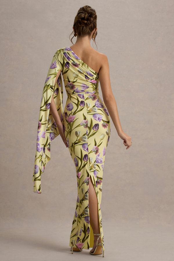 Club L Clementina Tulip Floral Print Asymmetric Cape Sleeve Maxi Dress
