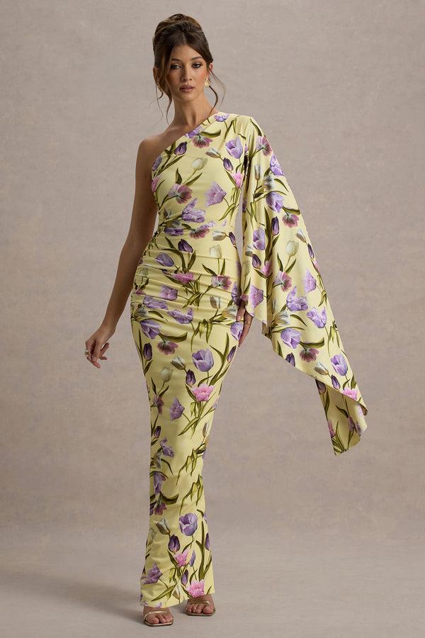 Club L Clementina Tulip Floral Print Asymmetric Cape Sleeve Maxi Dress