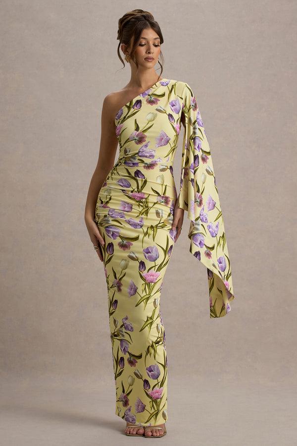 club l Clementina Tulip Floral Print Asymmetric Cape Sleeve Maxi Dress