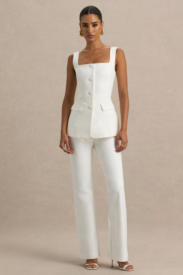 Club L Aceline White Square-Neck Tailored Jumpsuit