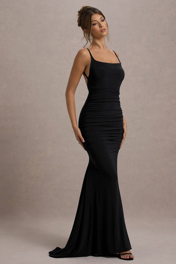 Club L Adele Black Ruched Fishtail Cami Maxi Dress
