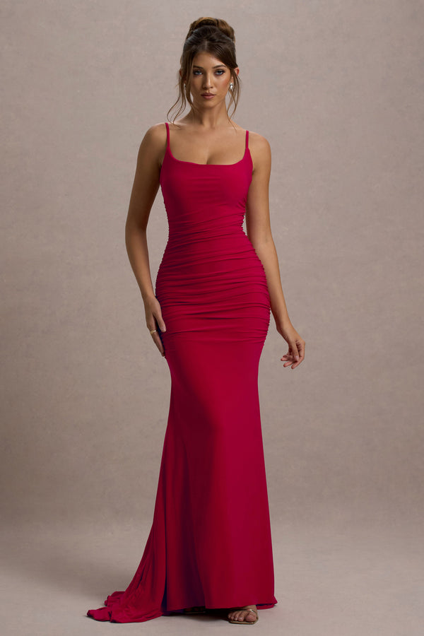 Club L Adele Red Ruched Fishtail Cami Maxi Dress