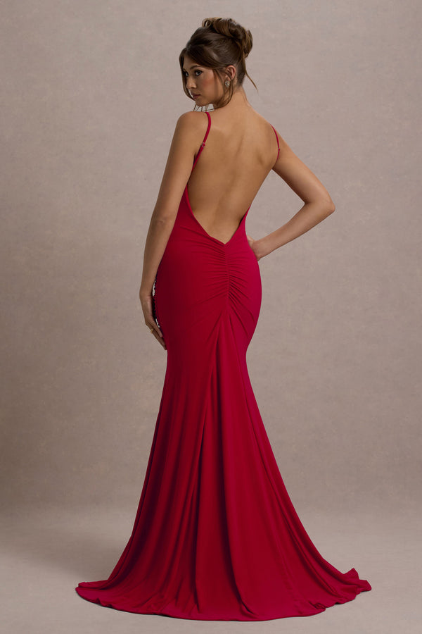 club l Adele Red Ruched Fishtail Cami Maxi Dress