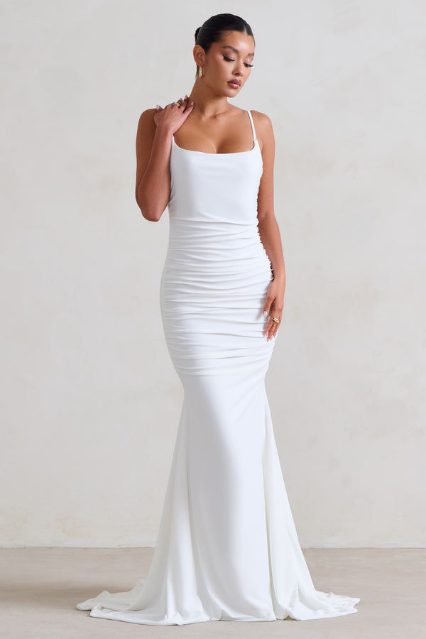 Club L Adele White Ruched Fishtail Cami Maxi Dress