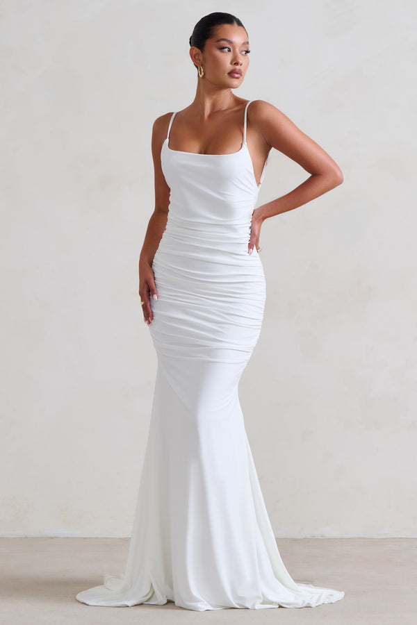 Club L Adele White Ruched Fishtail Cami Maxi Dress