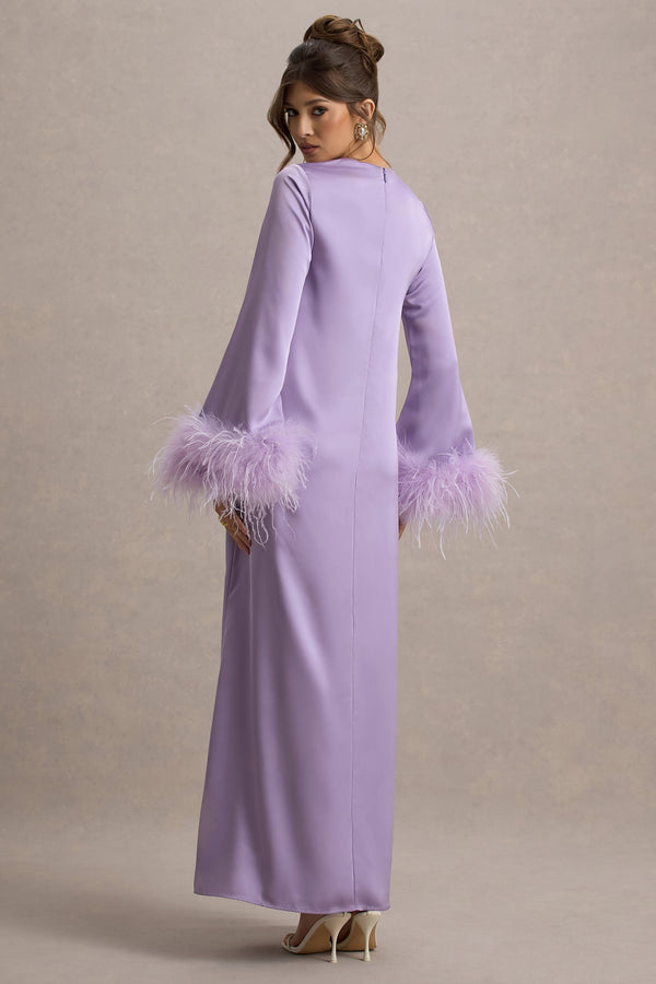 Club L Adella Lilac Satin Feather-Trim Maxi Dress