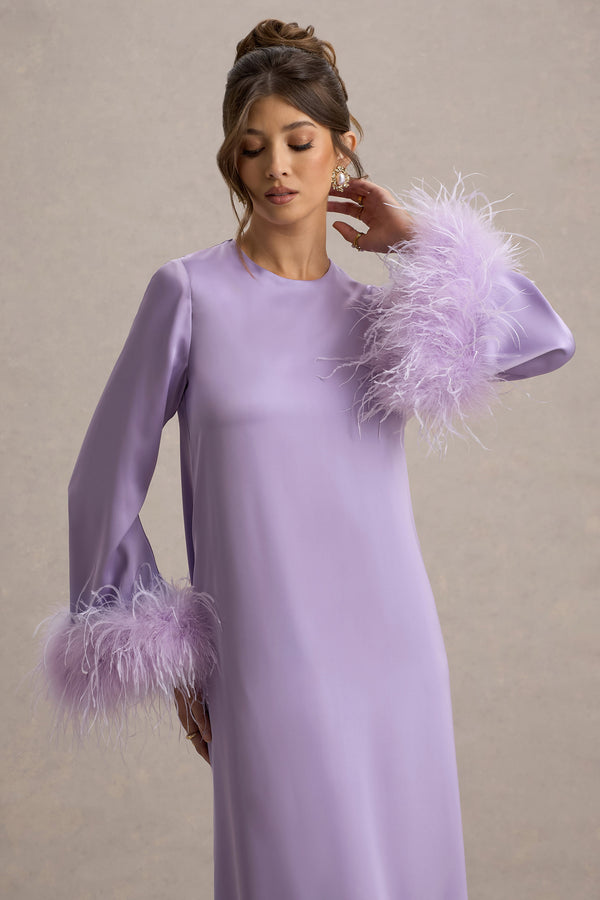 Club L Adella Lilac Satin Feather-Trim Maxi Dress