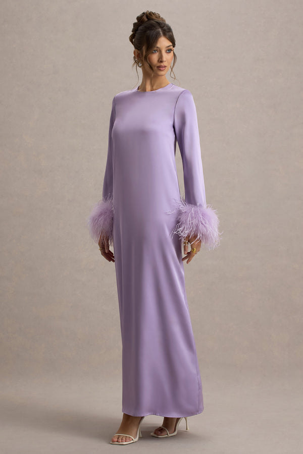 Club L Adella Lilac Satin Feather-Trim Maxi Dress