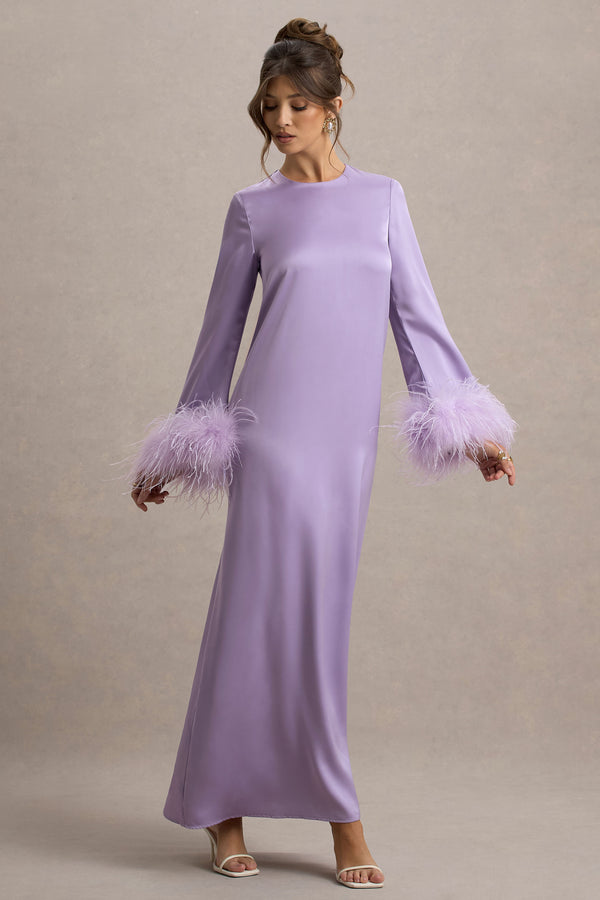 club l Adella Lilac Satin Feather-Trim Maxi Dress