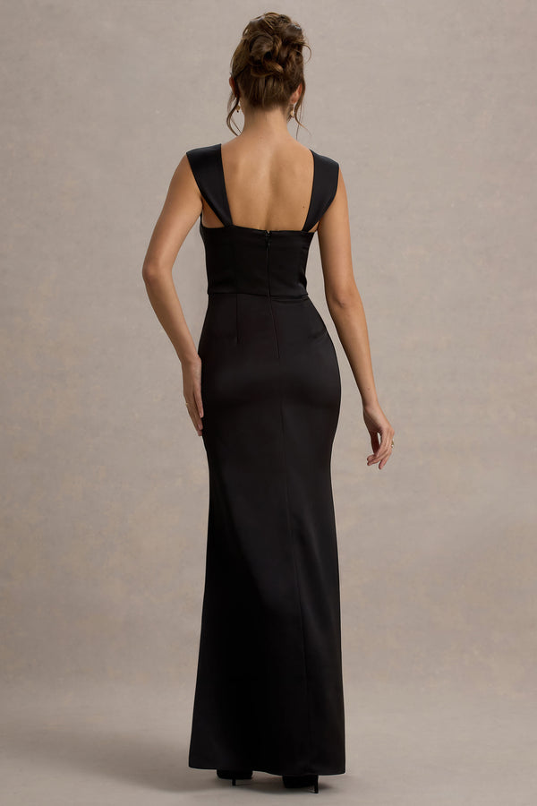 Club L Admire Black Satin Corset Wrap Maxi Dress