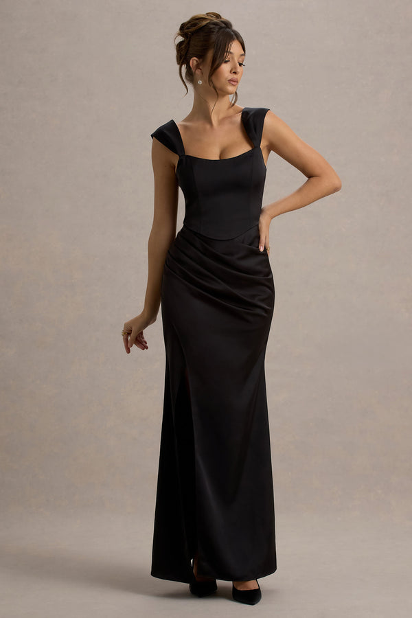 Club L Admire Black Satin Corset Wrap Maxi Dress