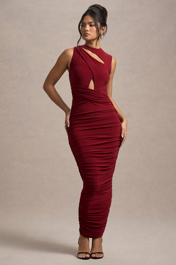 Club L Aire Wine Cut-Out Ruched Maxi Dress