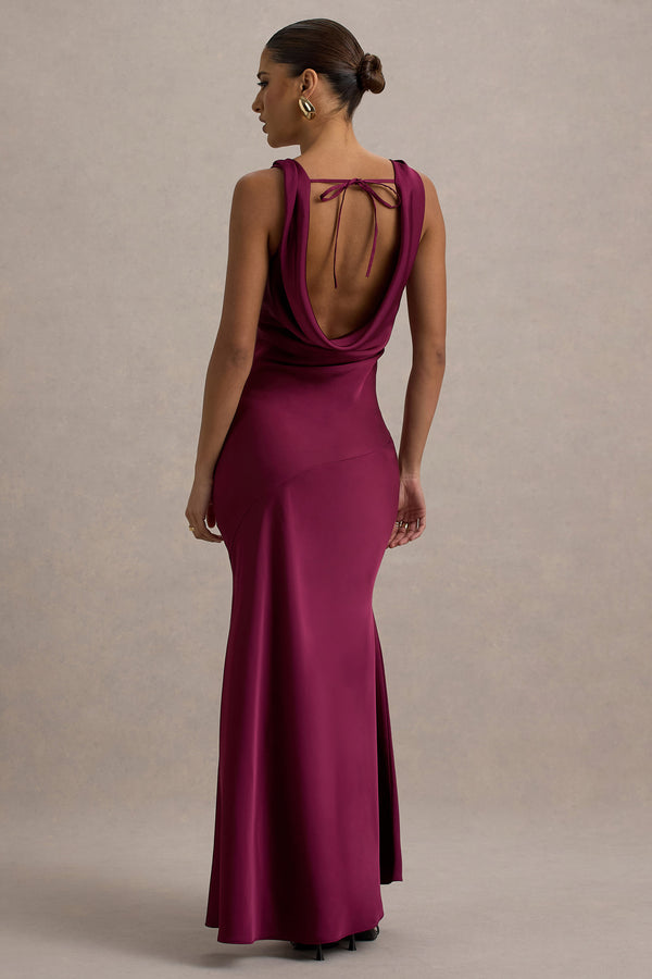 Club L Alesso Burgundy Satin Cowl-Neck Maxi Dress