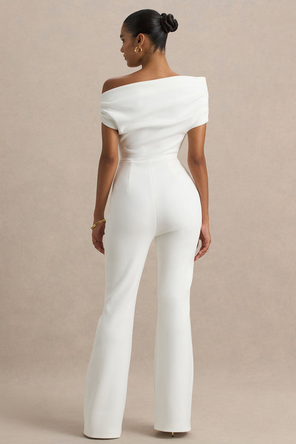 Club L Alexandra White Asymmetric Draped Jumpsuit