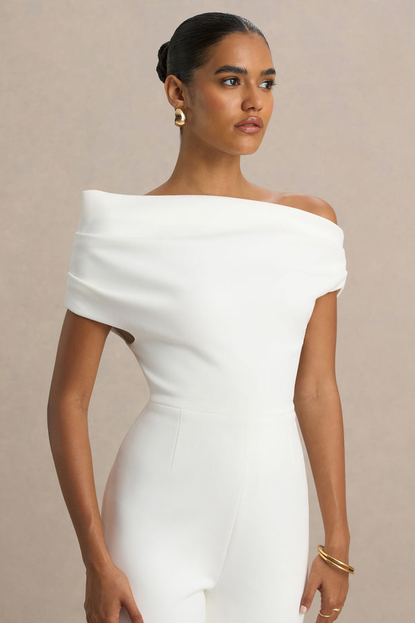 Club L Alexandra White Asymmetric Draped Jumpsuit