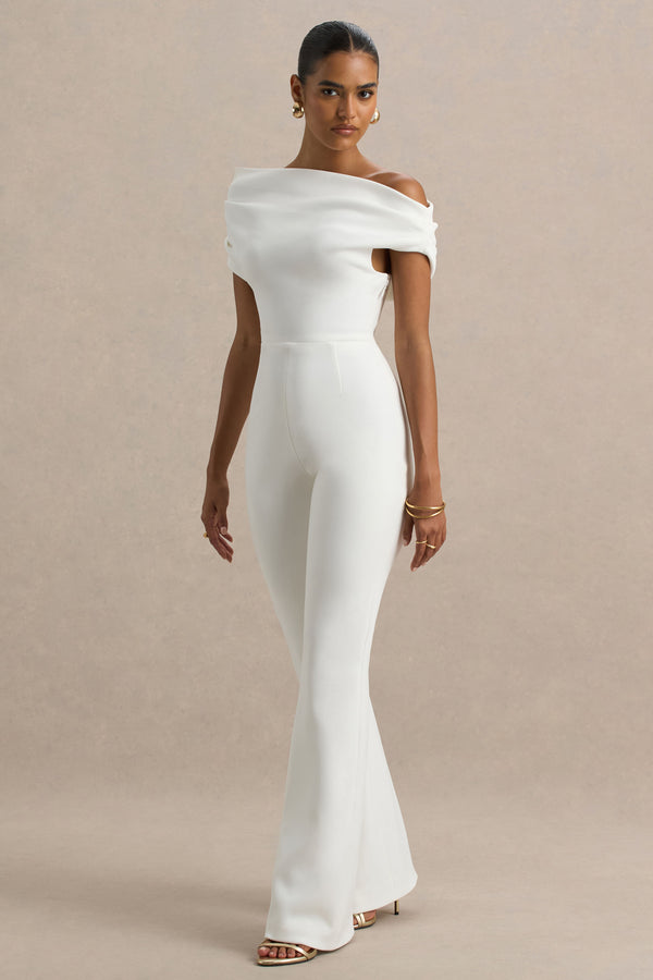 Club L Alexandra White Asymmetric Draped Jumpsuit