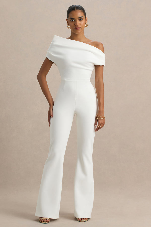club l Alexandra White Asymmetric Draped Jumpsuit