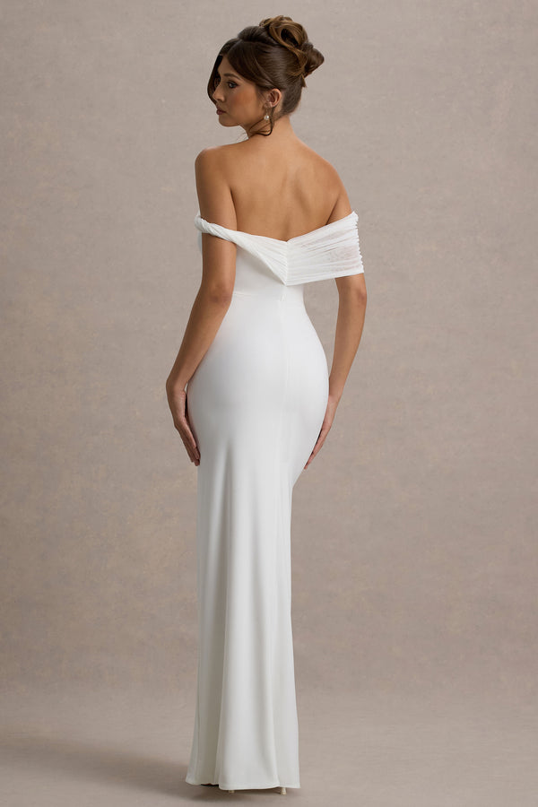 Club L Alonza White Twisted Bardot Maxi Dress