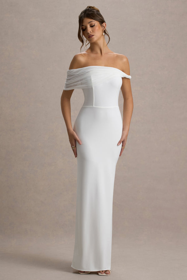 Club L Alonza White Twisted Bardot Maxi Dress