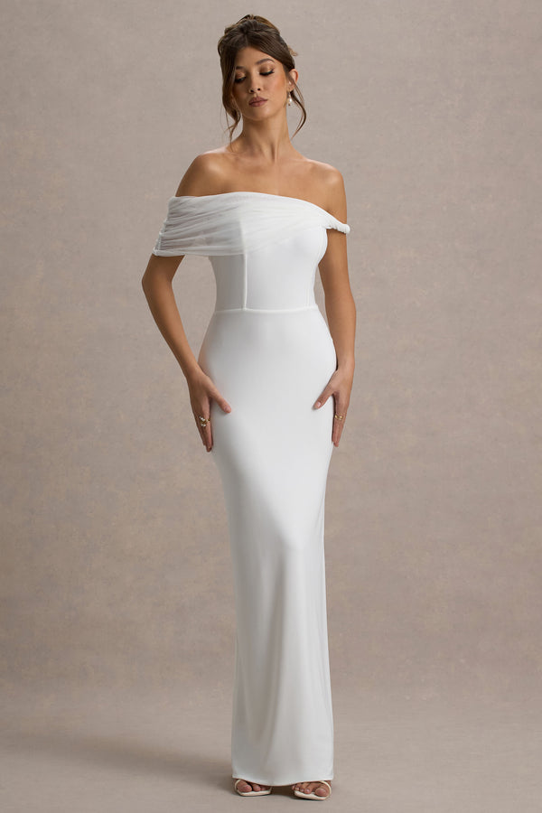 club l Alonza White Twisted Bardot Maxi Dress