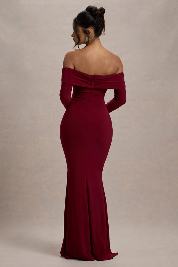 Club L Amaia Berry Bardot Long-Sleeve Maxi Dress