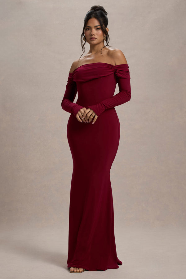 Club L Amaia Berry Bardot Long-Sleeve Maxi Dress