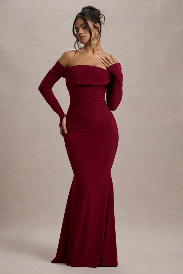 Club L Amaia Berry Bardot Long-Sleeve Maxi Dress