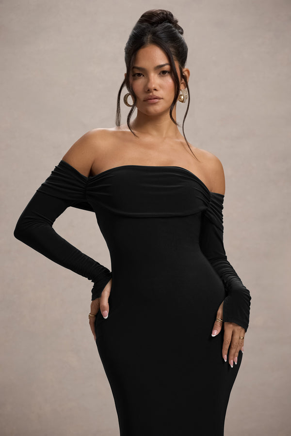 Club L Amaia Black Bardot Long-Sleeve Maxi Dress
