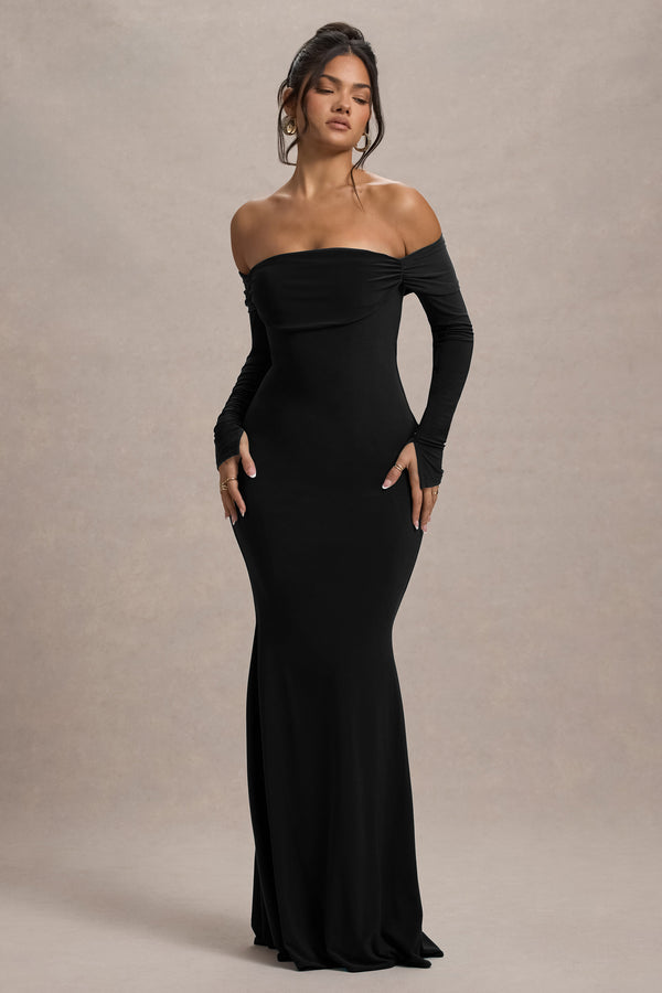 Club L Amaia Black Bardot Long-Sleeve Maxi Dress