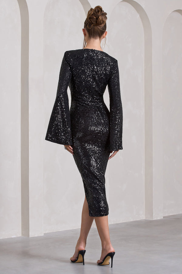 Club L Amber Black Sequin Plunge Wrap Midi Dress